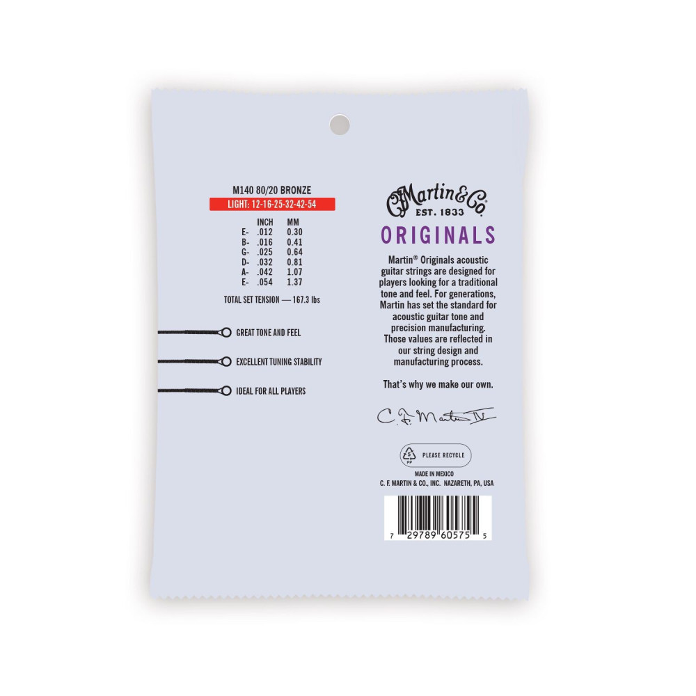 Martin Originals M140 80/20 Light Acoustic Guitar Strings - The Perfect Blend of Warmth and Clarity