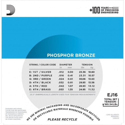 D'Addario EJ16 Phosphor Bronze Acoustic Guitar Strings - Bright, Balanced & Long Lasting